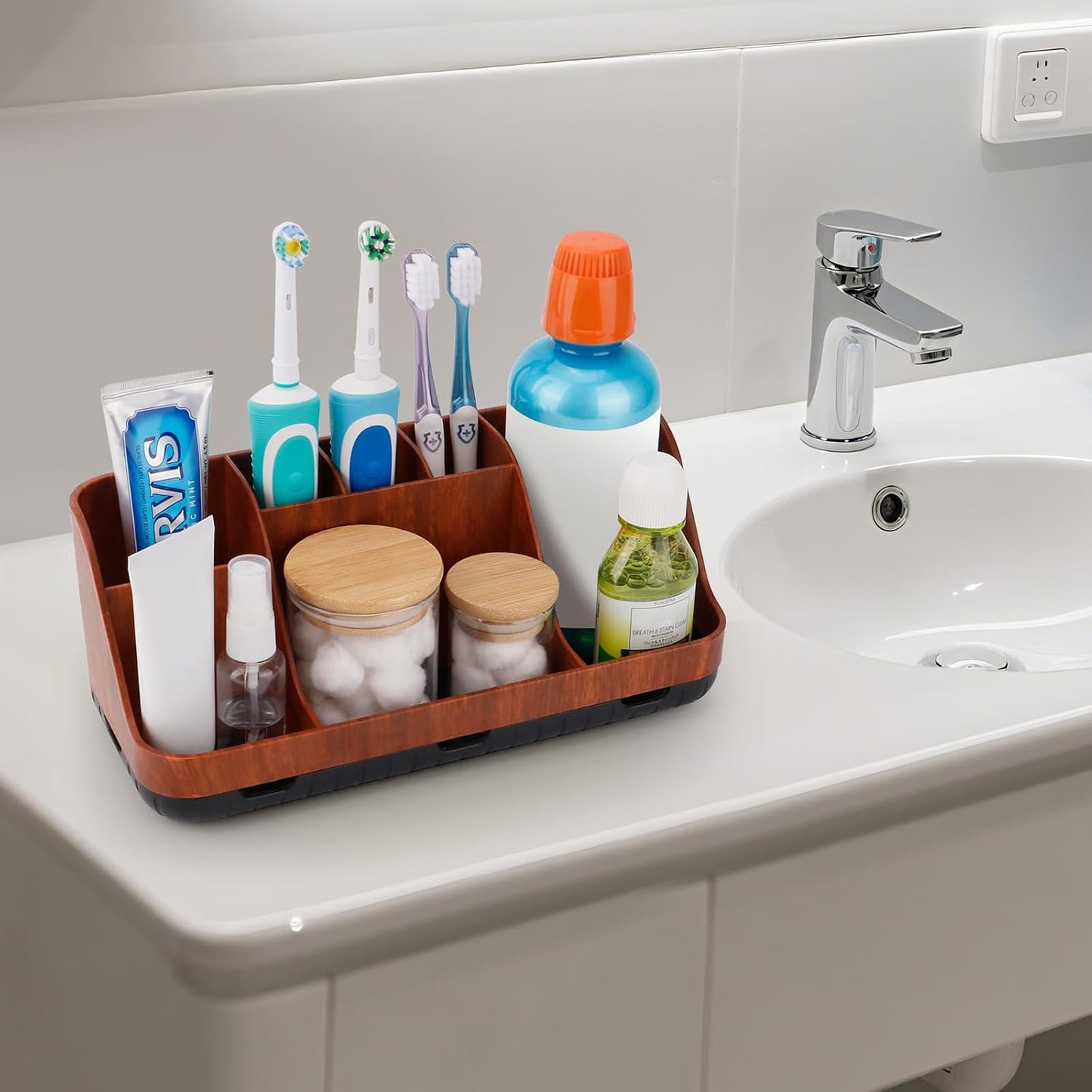 GFWARE Black Toothbrush Holder - 7 Slots Bathroom Organizer Countertop with Drainage Matte Black Electric Toothbrush and Toothpaste Holder for Bathroom Accessories Sink Storage