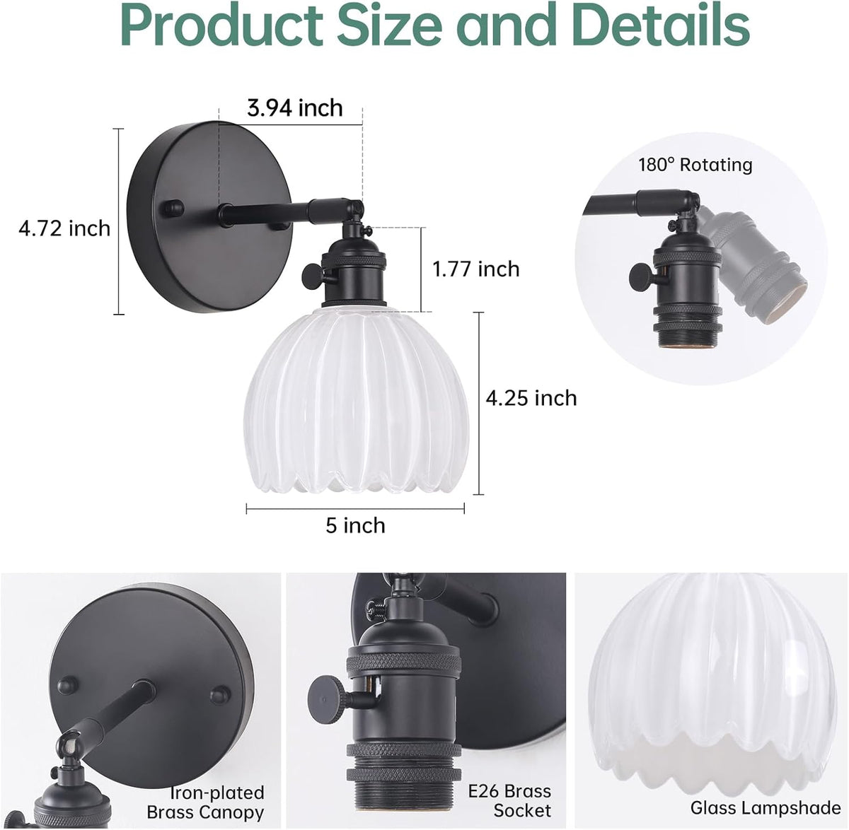 Shenmoyl Vintage Battery Operated Wall Sconce with Green Tulip Glass Lampshade Rechargeable Battery Powered Wall Light with Remote Control for Bedside Bedroom Doorway
