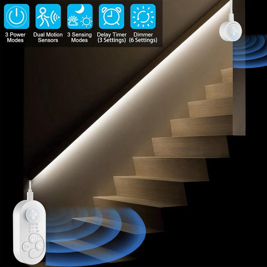 Dual Motion Sensor Light Indoor - Plug-in Adjustable LED Step Stair Light Strip with Double Sensor Detection, Timer & Dimmer for Staircase, Hallway, Bedroom (16.4FT 3000K Warm White)
