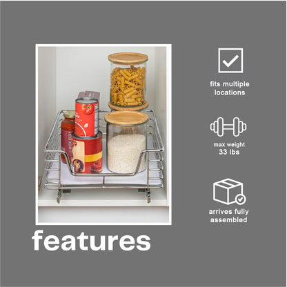 Household Essentials Glidez Multipurpose Chrome-Plated Steel Pull-Out/Slide-Out Storage Organizer for Cookware and Bakeware - 2-Tier Design - Fits Standard Size Cabinet or Shelf, Chrome