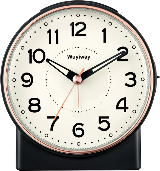 4" Battery Operated Retro Analog Alarm Clock,Vintage Decor for Bedroom, Nightstand, Bedside, Desk,Table,Easy Setup, Silent Non Ticking, Lighted on Demand and Snooze，Black