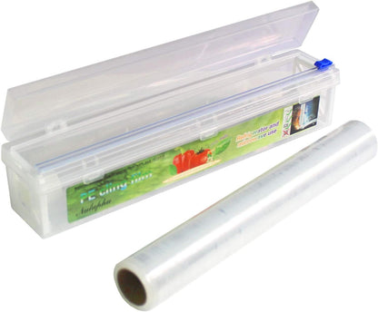 Plastic Wrap Dispenser, Slide Cutter 12‑Inch Cling Wrap Set | Refillable design fits 12‑inch rolls. Set includes cutting box and 328 Ft clear stretch film for food storage
