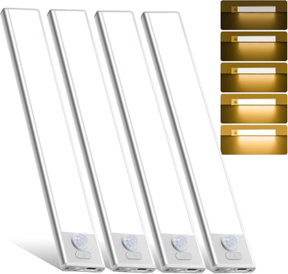 4 Pack Under Cabinet Lighting, Rechargeable Motion Sensor Light Indoor, Wireless Dimmable Magnetic Closet Lights, 32 LED Under Counter Lights for Kitchen, Wardrobe, Stairs, White Light