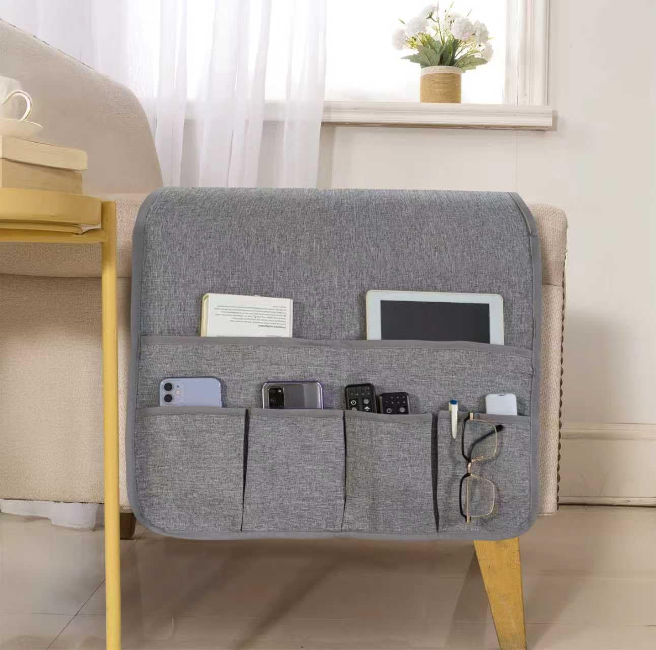 Armchair Caddy for Couch Remote Control Holder with 4 Pockets, Grey 1 Pack | Non-slip, Waterproof, Sofa Armset Organizer, Couch Chair Armrest Storage for TV Remote Control Phone Book Magazine 35"x13"