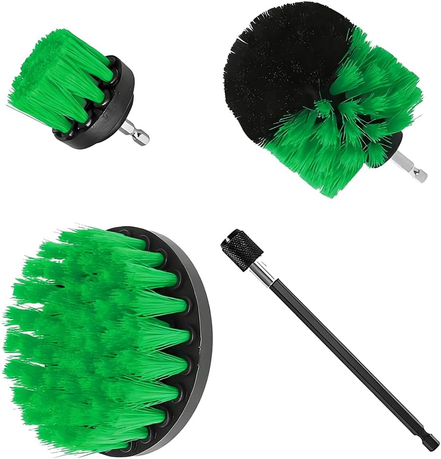 4PCS Drill Brush Attachment Kit with Extension Rod, Red | PP bristles with steel shafts, three brush sizes, quick-change extension rod, follows curved surfaces, compact storage
