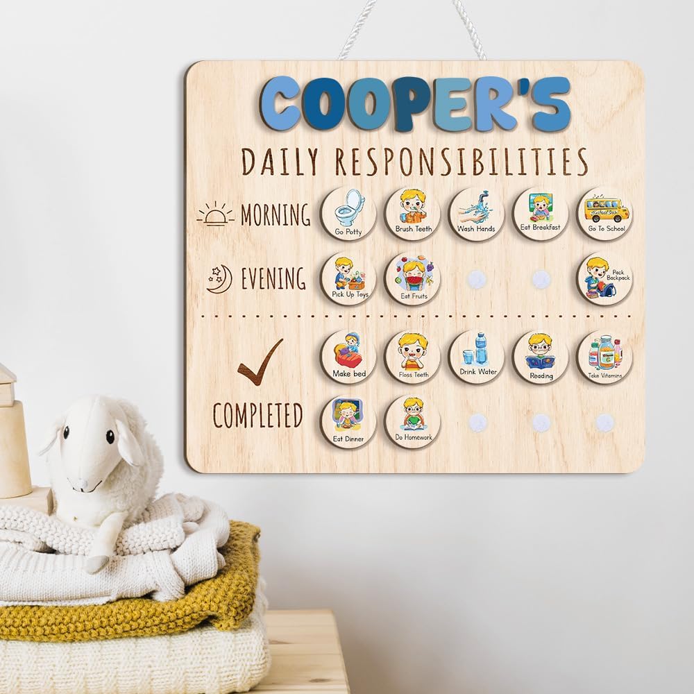 Daily Routine Chart for Kids, Visual Schedule, Routine Chart for Toddlers 3-5, Morning Bedtime Routine Chart for Toddlers, Wooden Chore Chart for Kids