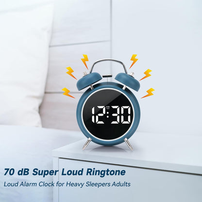 Digital Small Alarm Clock, 4.5 Inch Double Bell Electronic LED Alarm Clock, Plug in or Battery Operated Silent Metal Table Clock, Modern Loud Bedside Clock for Heavy Sleepers Adults Kids (Black)