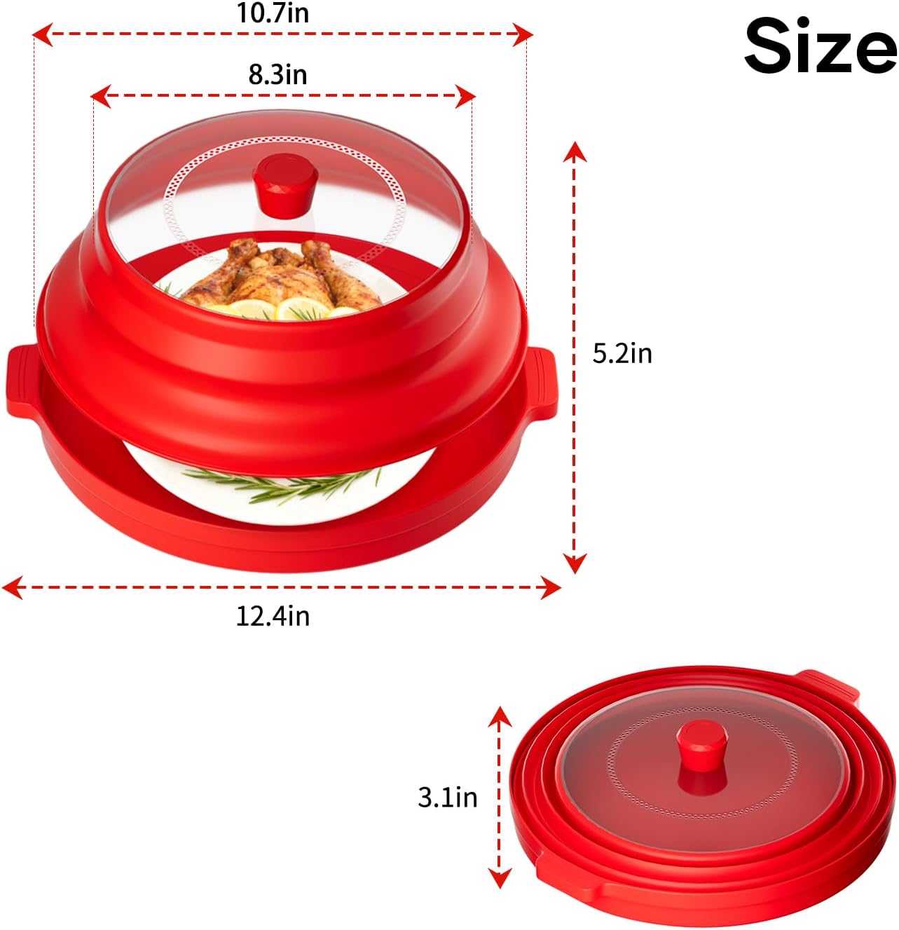 2 in 1 Microwave Splatter Cover for Food with Anti-scald Base Plate, Large Plastic & Silicone Collapsible Vented Food Guard Lid, Plate Holder & Kitchen Colander (Black)