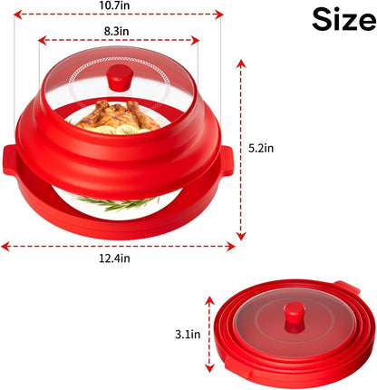 2 in 1 Microwave Splatter Cover for Food with Anti-scald Base Plate, Large Plastic & Silicone Collapsible Vented Food Guard Lid, Plate Holder & Kitchen Colander (Black)