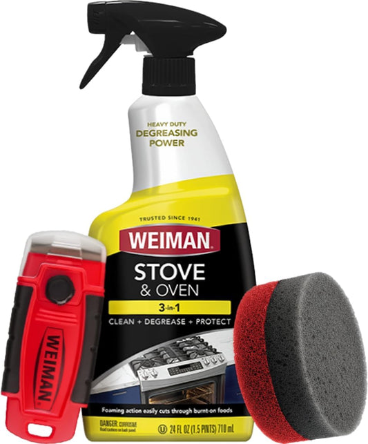 Weiman Heavy Duty Stove and Oven Cleaner 3 Piece Total Clean Kit, For Baked on Grease, Grime, Carbonized Food, Includes Foaming Cleaner (24oz), Precision Razor Tool, Dual-Action Scrub & Shine Sponge