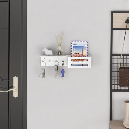 MKO Key Holder Wall Mount, Key Holder Wall Mount Adhesive with Mail Organizer Tray with 6 Key Hooks for Wall, Black | Metal Material, Key Rack with Shelf, Mail Organizer Tray for Entryway, Hallway, Living Room