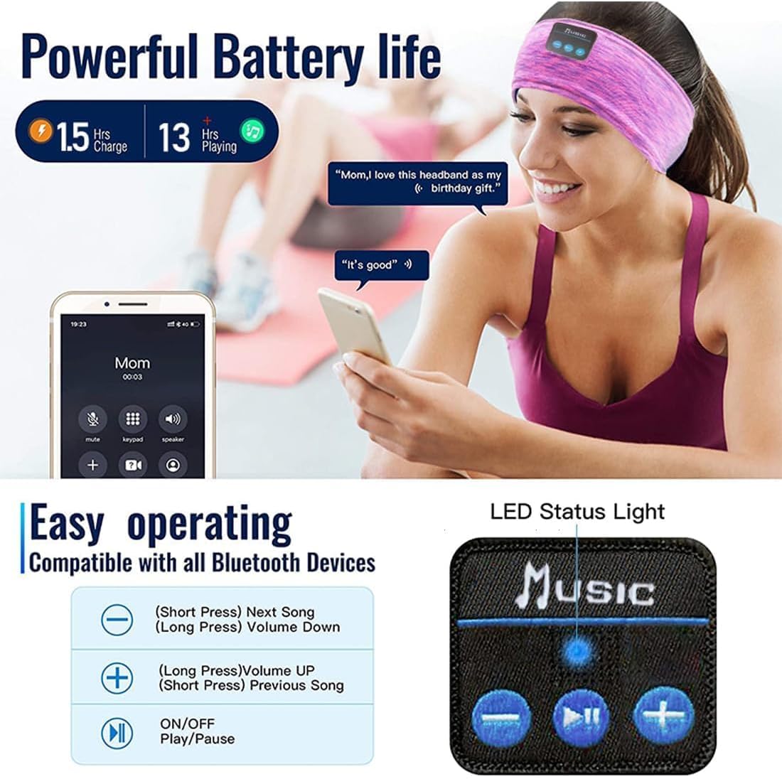 Bluetooth Headphones, Sleep Headphones Headband Wireless for Sleeping Side Sleepers - Adjustable Sleep Headphone, and Bluetooth Headbands for Women (Pink)