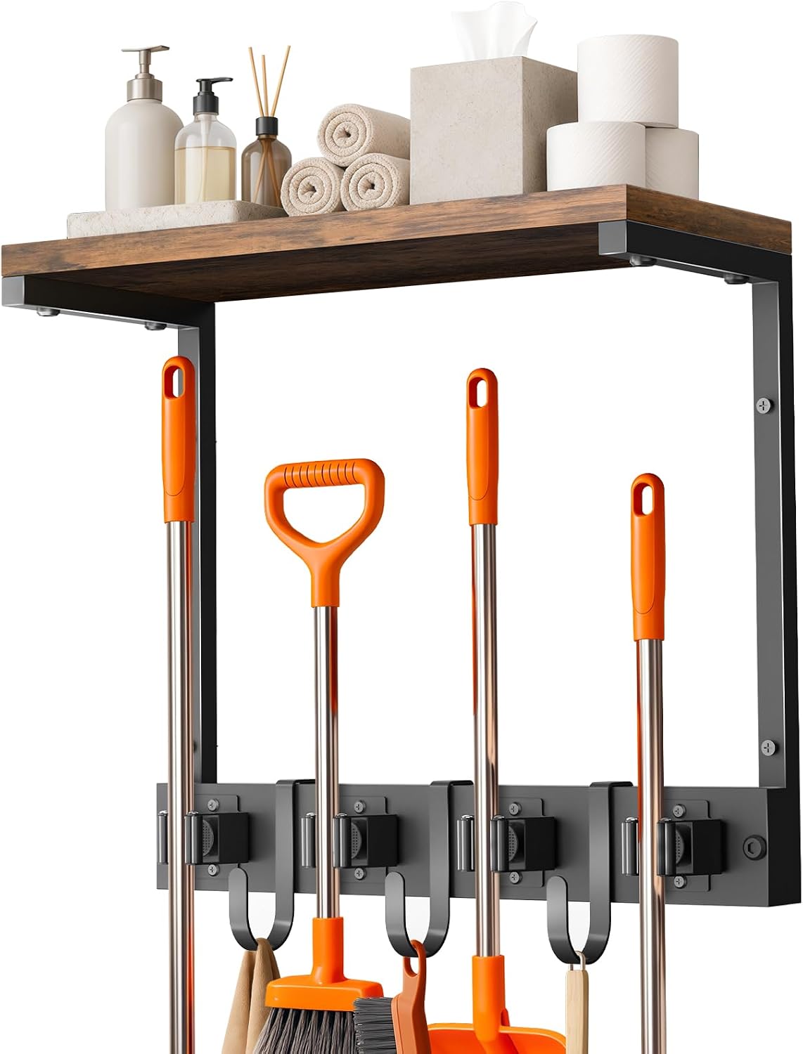 Large Broom Holder Wall Mount with Shelf, Vacuum Organizer, 5 Slots 5 Hooks | Black, 3-In-1 Wall Mount Stores Brooms/Mops/Vacuum, Cleaning Supplies With 5 Grippers/5 Hooks And A Sturdy Wooden Top Shelf