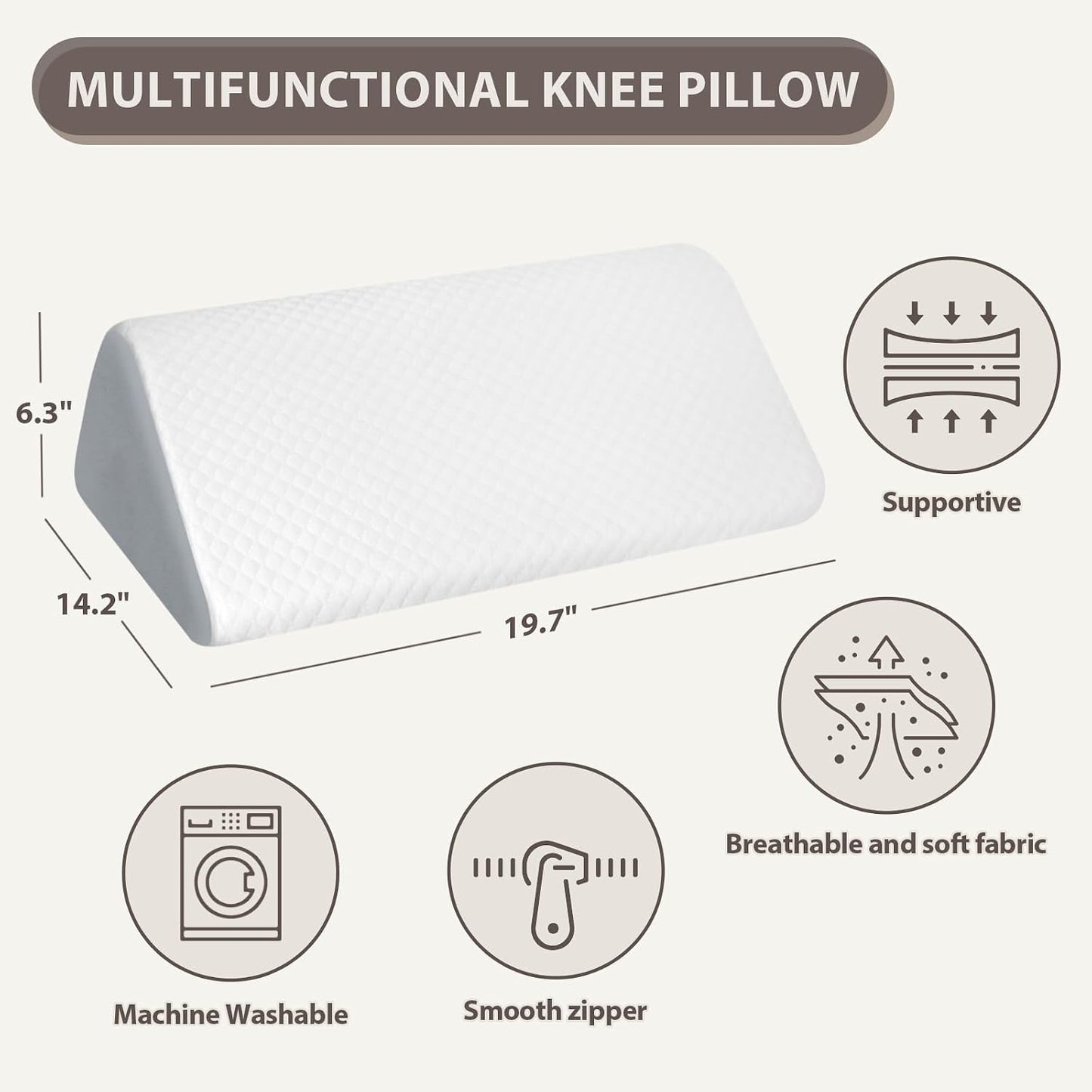 Knee Wedge Pillow for Leg Elevation, 6.3 Inch Triangle Design, Post Surgery Recovery Support, White