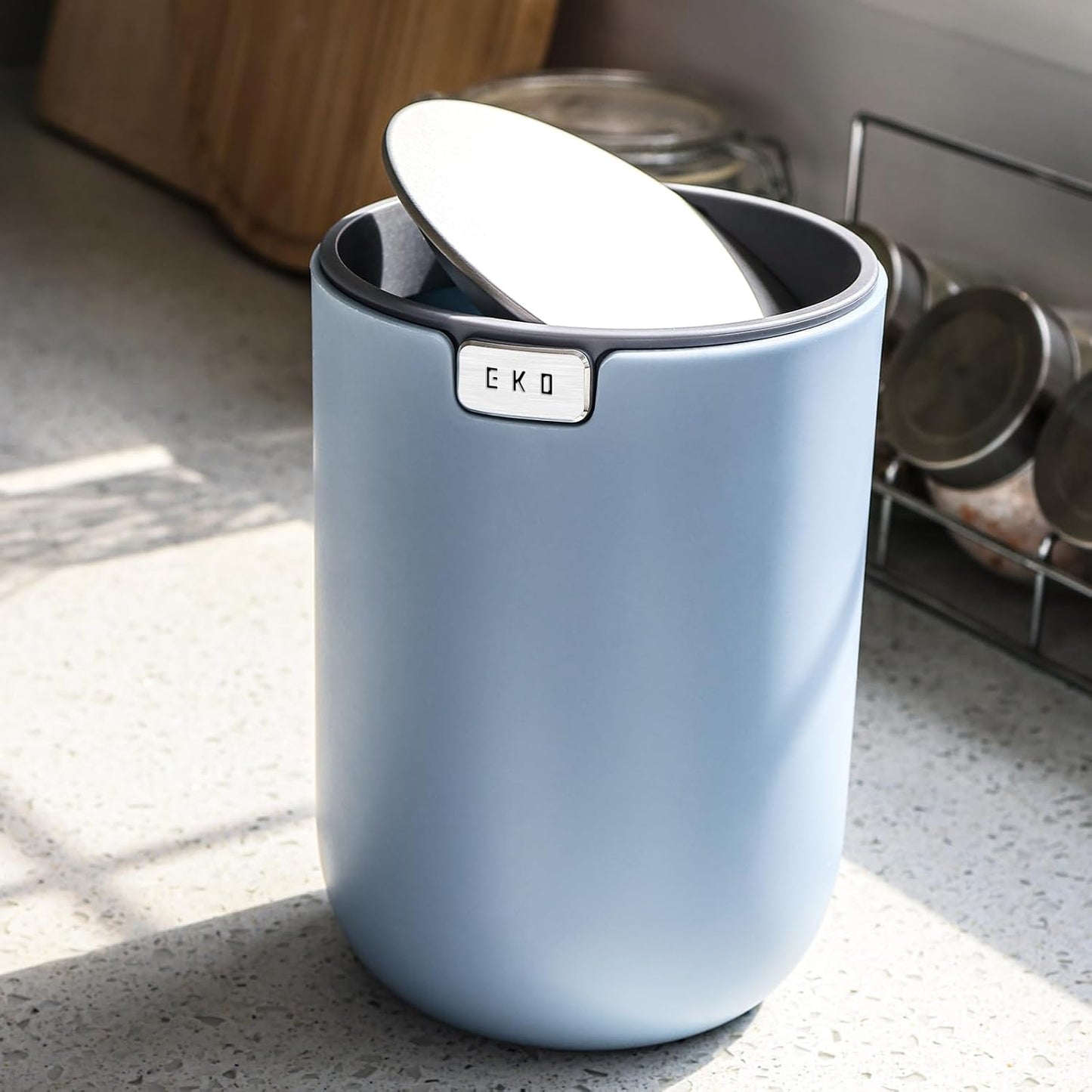 EKO Fandy 0.58 Gal/2.2L Mini Trash Can with Lid, Swing-Top Desktop Trash Can for Bathroom, Countertop, Vanity, Desk or Office, Small Garbage Bin (Blue)