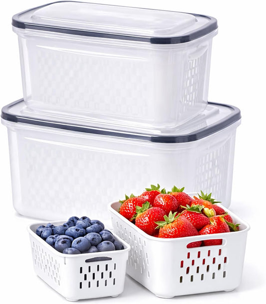 4-in-1 Produce Saver Containers - Fresh Berry Keeper with Removable Colander & Airtight Lid - Stackable Fruit and Vegetable Fridge Organizer Bins - BPA-Free Plastic Food Storage (3pcs)
