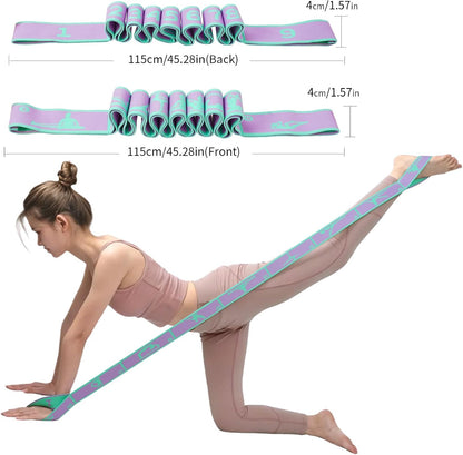 9 Loops Elastic Yoga Stretching Strap Pattern Guide, Resistance Stretch Band for Flexibility, Pilates, Dance, Gymnastics, Ballet, Physical Therapy, Leg & Body Stretching