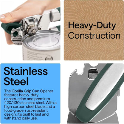 GORILLA GRIP Original Model Stainless Steel Smooth Edge Manual Can Opener and Bottle Openers, US Designed, Comfortable Handle, Oversized Handheld Turn Knob, Multifunctional Kitchen Tool, Gray