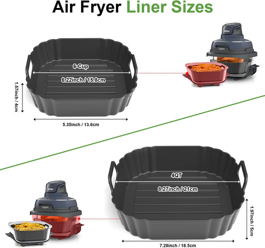Square Silicone Air Fryer Liners for Ninja Crispi FN101GY FN101SG FN101ST FN101MT FN101PL Large for 4Qt, Small for 6Cup, Reusable Basket Trays, 4-in-1 Portable Glass Airfryer Accessories