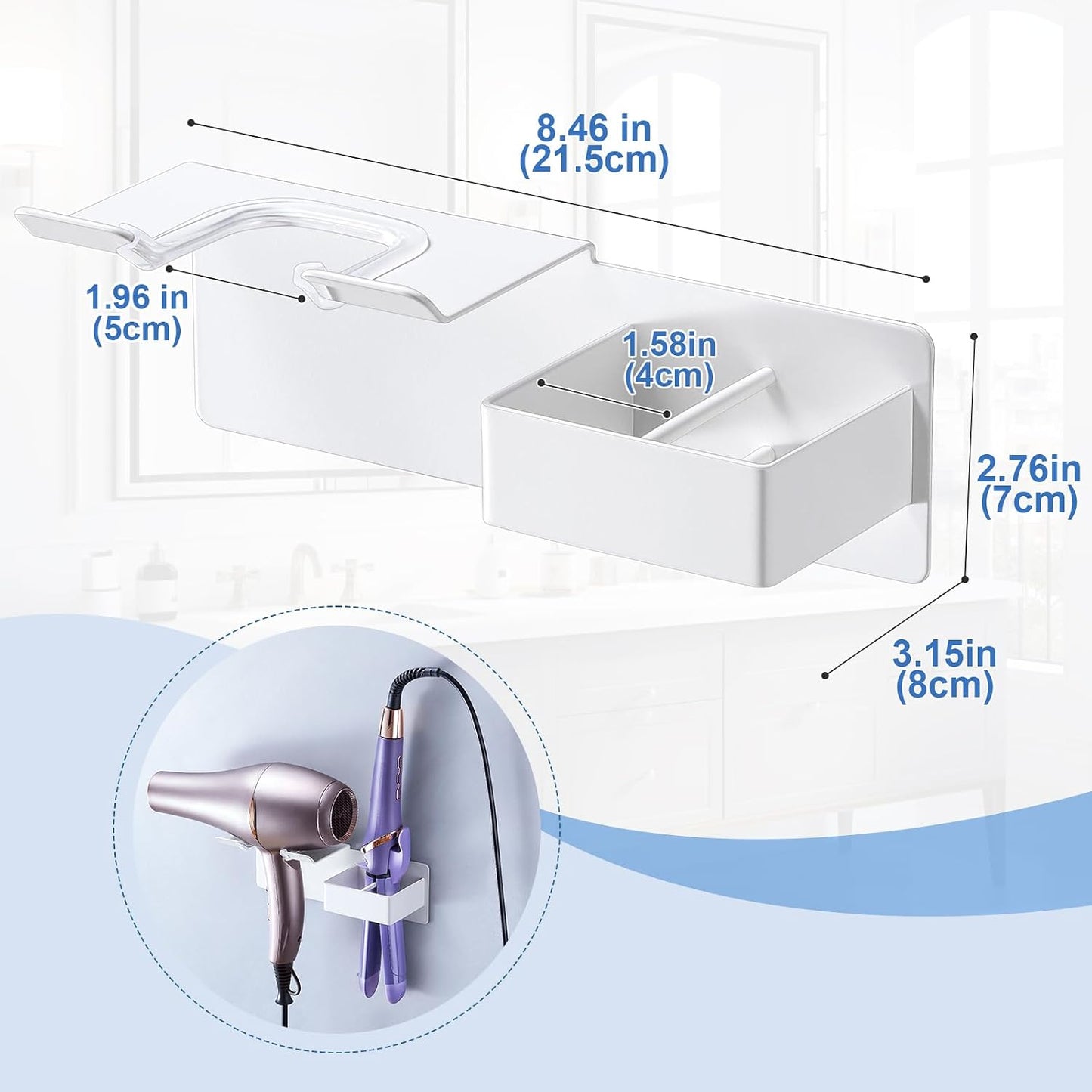 Hair Dryer Holder Wall Mounted, Hair Straightener Holder Metal, Adhesive Blow Dryer and Hair Straightener Holder, Bathroom Bedroom Hair Tool Organizer for Flat Iron,Curling Iron,Hairdryer (White)