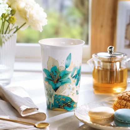 Harmoleaf Tea Gift Set for Women, 6 Loose Leaf Tea Blends with Blue Lily Insulated Ceramic Cup, Stainless Steel Infuser, Lid and Gold Spoon, Birthday, Mother's Day, Anniversary, Retirement Gift for Her