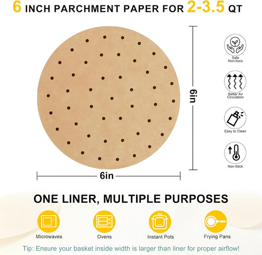 Air Fryer Parchment Paper Liners, 8 Inch 100 Pcs | Pre-Cut Non-Stick Unbleached Paper; Fits 3.5-6QT Air Fryers; Disposable And Durable; Microwave And Steaming Basket Safe