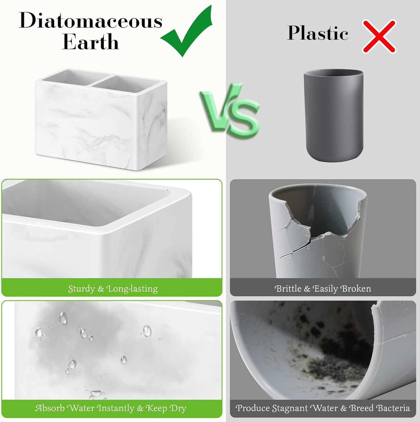 Luxspire Diatomite Toothbrush Holder, 2 Slots, Marble White | Fast Drying, Diatomaceous Earth, Electric Tooth Brush and Toothpaste Organizer, For Bathroom Kitchen Vanity Countertop