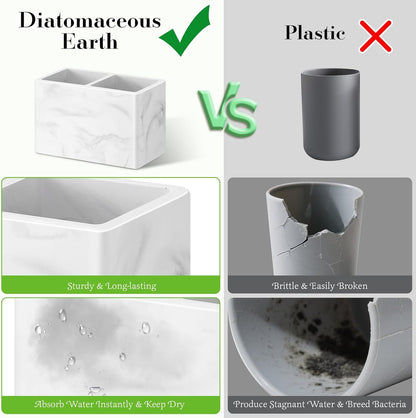 Luxspire Diatomite Toothbrush Holder, 2 Slots, Marble White | Fast Drying, Diatomaceous Earth, Electric Tooth Brush and Toothpaste Organizer, For Bathroom Kitchen Vanity Countertop