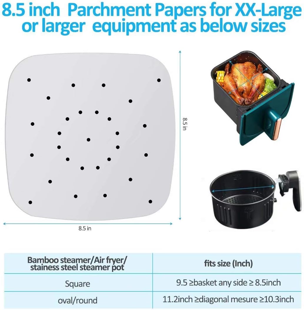 Air Fryer Parchment Paper Liners: 200PCS 8.5 inch Square Perforated parchment paper for Air Fryer, Premium Bamboo Steamer Liner for Air Fryers Baking Cooking Oven
