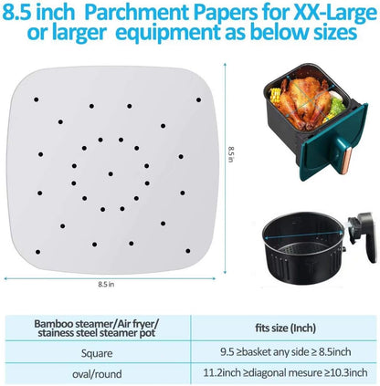 Air Fryer Parchment Paper Liners: 200PCS 8.5 inch Square Perforated parchment paper for Air Fryer, Premium Bamboo Steamer Liner for Air Fryers Baking Cooking Oven