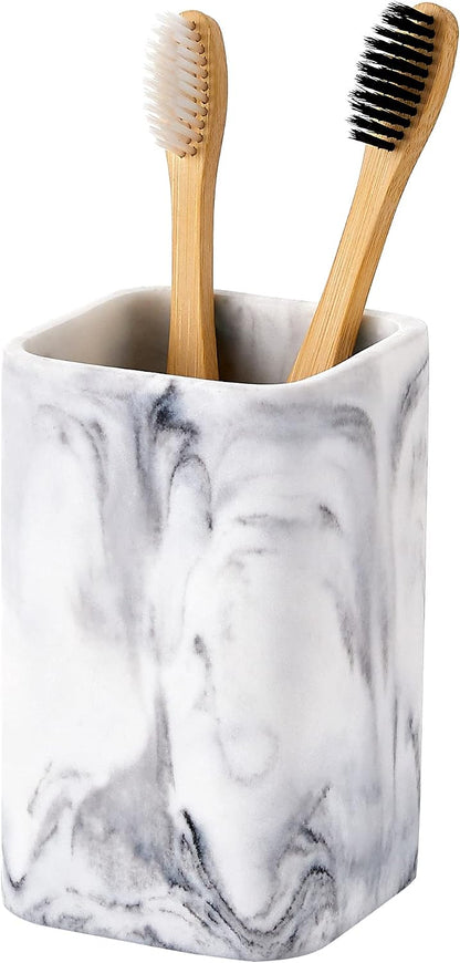 Marble Look Toothbrush Holder for Bathroom Countertop Organizer, Holds Toothpaste, Dental Floss, Razor, Comb, Makeup Brushes, and More, Stylish Bathroom Accessory for Tooth Brushing Essentials
