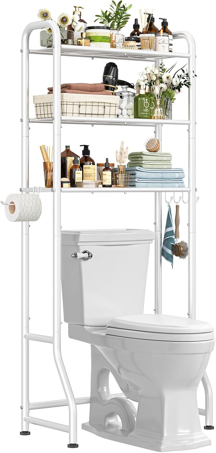 Simple Trending Over The Toilet Storage Cabinet, Metal Bathroom Shelf Organizer with Paper Holder and Hooks, 3 Tier, Black