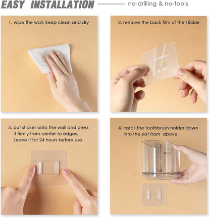 Toothbrush Holders for Bathroom - Detachable Divided Design, Drawer Drainage Tray, Adhesive Wall-Mounted/Countertop Dual-Use, Large Capacity Organizer for Bathroom/Kitchen/Office, Easy Install (Clear)