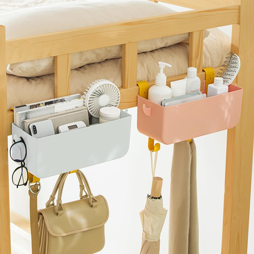 Poeland Hanging Storage Basket with Hooks, Bedside Organizer Shelf, Bunk Bed Storage Caddy Holder for Remote, Phone, Glasses, Bottle in Dorm, Bedroom, Bathroom, Camper, Rv, Loft Bed