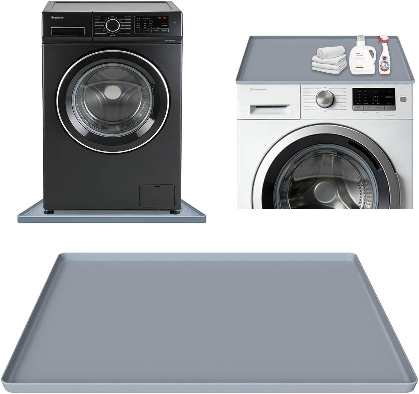 27x27 Inch Foldable Silicone Washing Machine Drain Pan Grey | 0.78 Inch Raised Lip, Waterproof Leak Proof, Non Slip Drain Tray, For Washer, Dryer, Fridge, Dishwasher