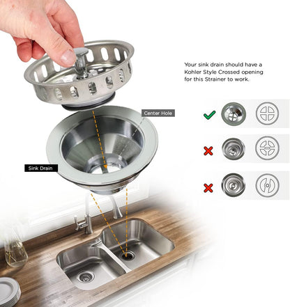 Highcraft 97343 Kitchen Sink Basket Strainer Replacement for Standard Drains (3-1/4 Inch) Stainless Spring Steel Closure and Rubber Stopper, Stainless Steel