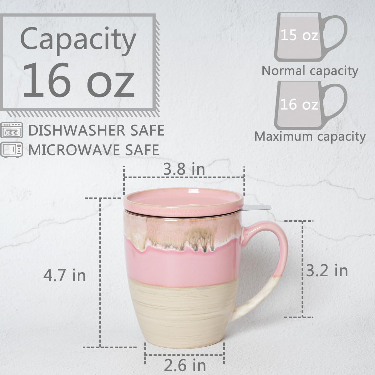 Bosmarlin Ceramic Tea Cup with Infuser and Lid, 16 Oz, Dishwasher and Microwave Safe, 5 Colors to Choose, Reactive Glaze, Steeping Tea Mug with Strainer (Green)