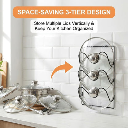 6-Tier Pot Lid Organizer Rack, 2 Pack 3-Slot Kitchen Pot Lid Holders | Rustproof Pan Lid Organizer for Cabinet Door and Wall, 6 Adhesive Hooks and 8 Screws Wall Anchors Set, 2 Installation Ways