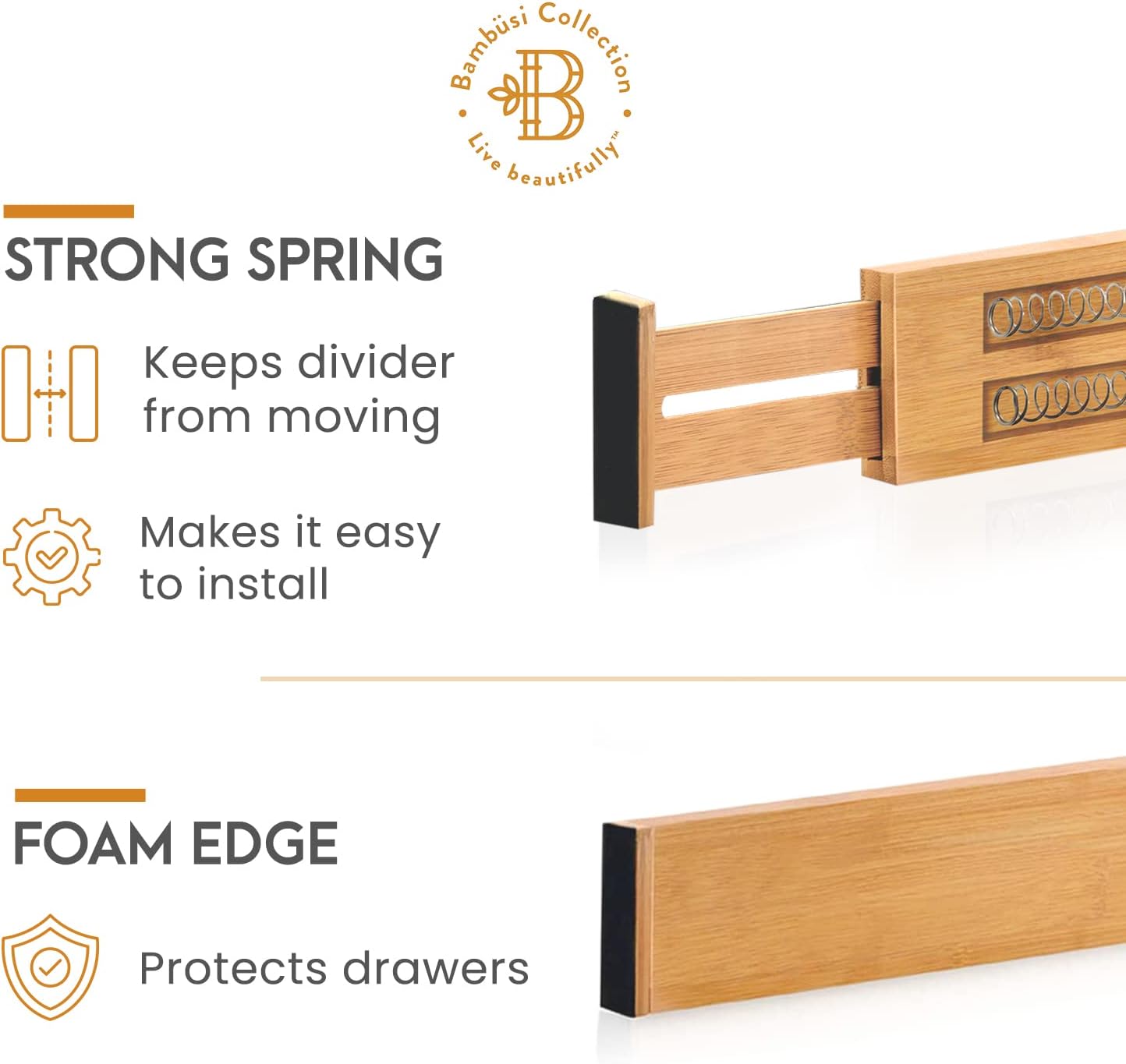 6-Pack Deep Drawer Dividers 4-Inch High Dresser Drawer Organizer, Bamboo | Adjustable 11.5-17 Inch Spring-Loaded Separators for Clothes, Utensils, Socks, Bedroom, Bathroom, Kitchen, Office, No Tools