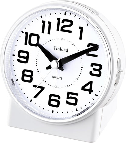 Tinload 4.3" No Ticking Analog Alarm Clock,Silent Readable for Seniors,Easy to Set,Gradual Rise Alarm,Big Numbers,On/Off Switch on Side,Gentle Wake,Snooze,Lighted on Demand,Battery Operated,Black