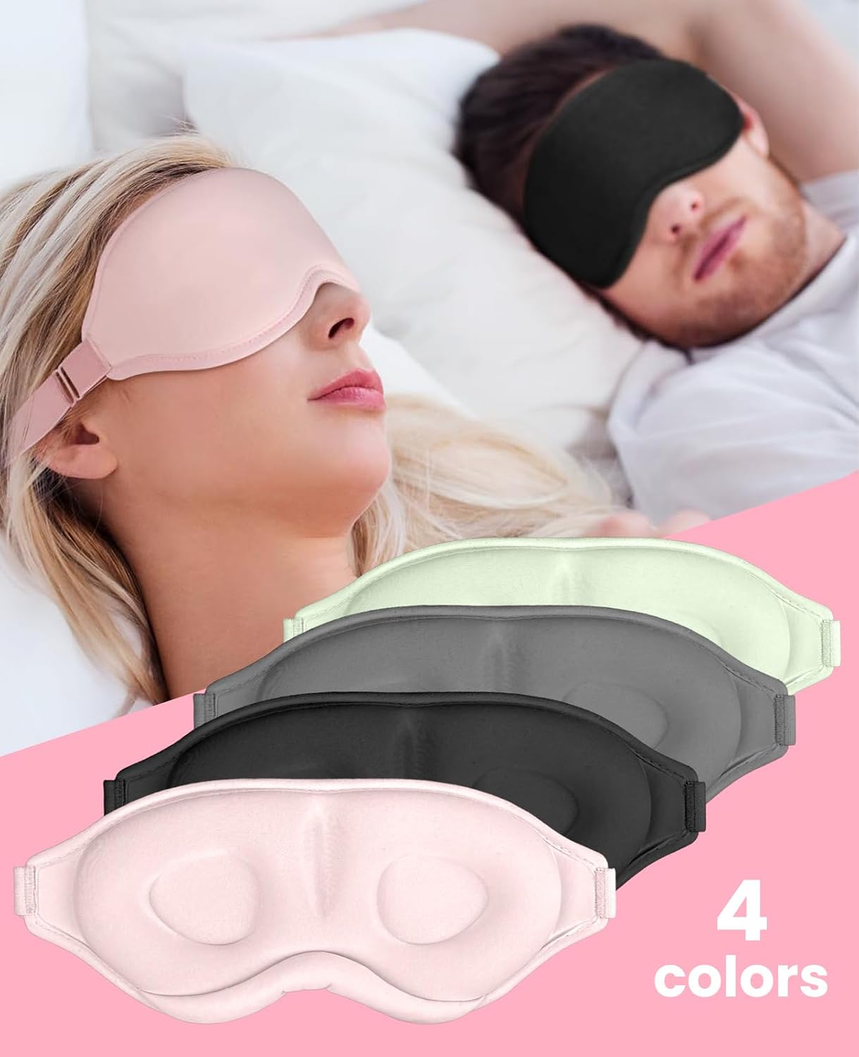 Sleep Mask for Side Sleeper Women Men, Light Blocking Eye Mask for Sleeping, 3D Contoured Cup Sleeping Mask for Zero Eye Pressure, with Adjustable Elastic Strap for Sleep Travel, Pink
