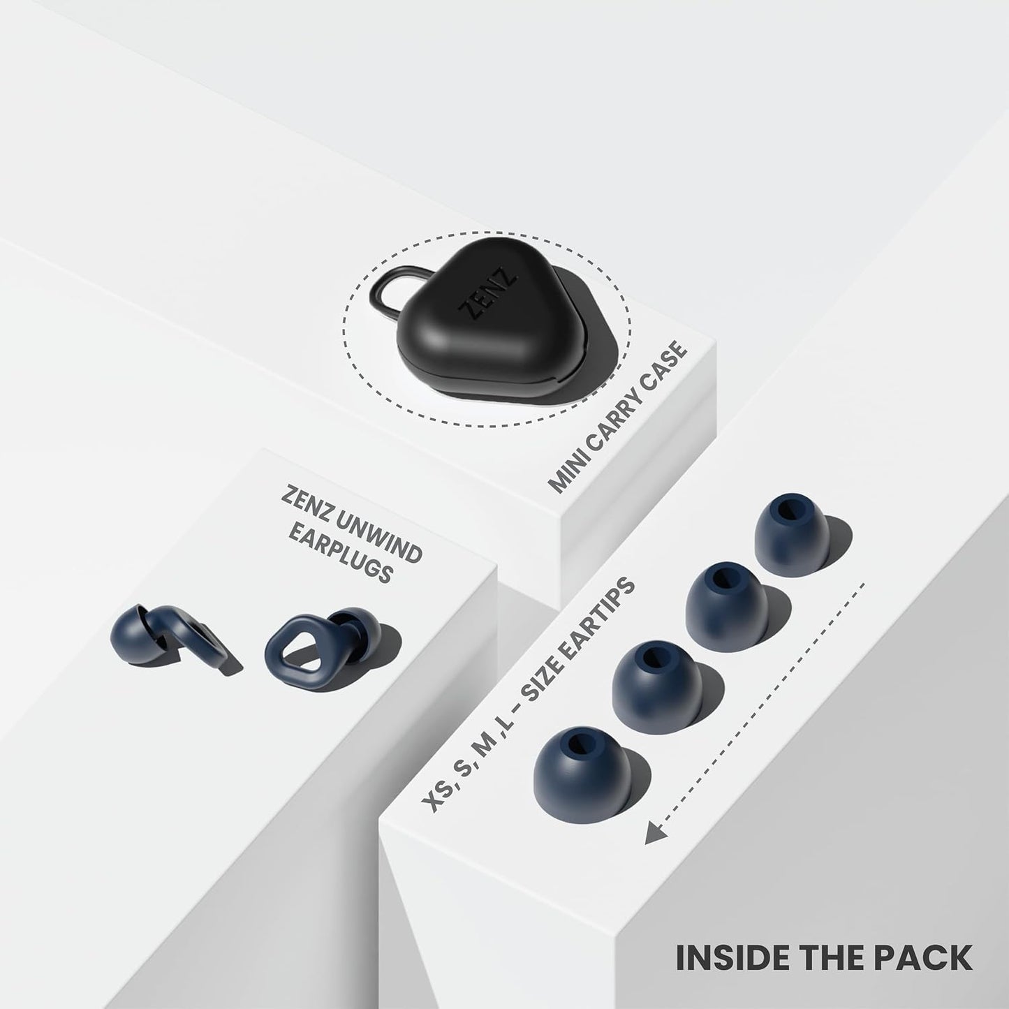 Zenz Unwind Ear Plugs for Sleeping Noise Reduction - Comfy Reusable Soft Silicone Earplugs for Focus, Study, Work - 8 Pair Eartips in XS/S/M/L - 27dB Hearing Protection with Storage Case - Onyx Black
