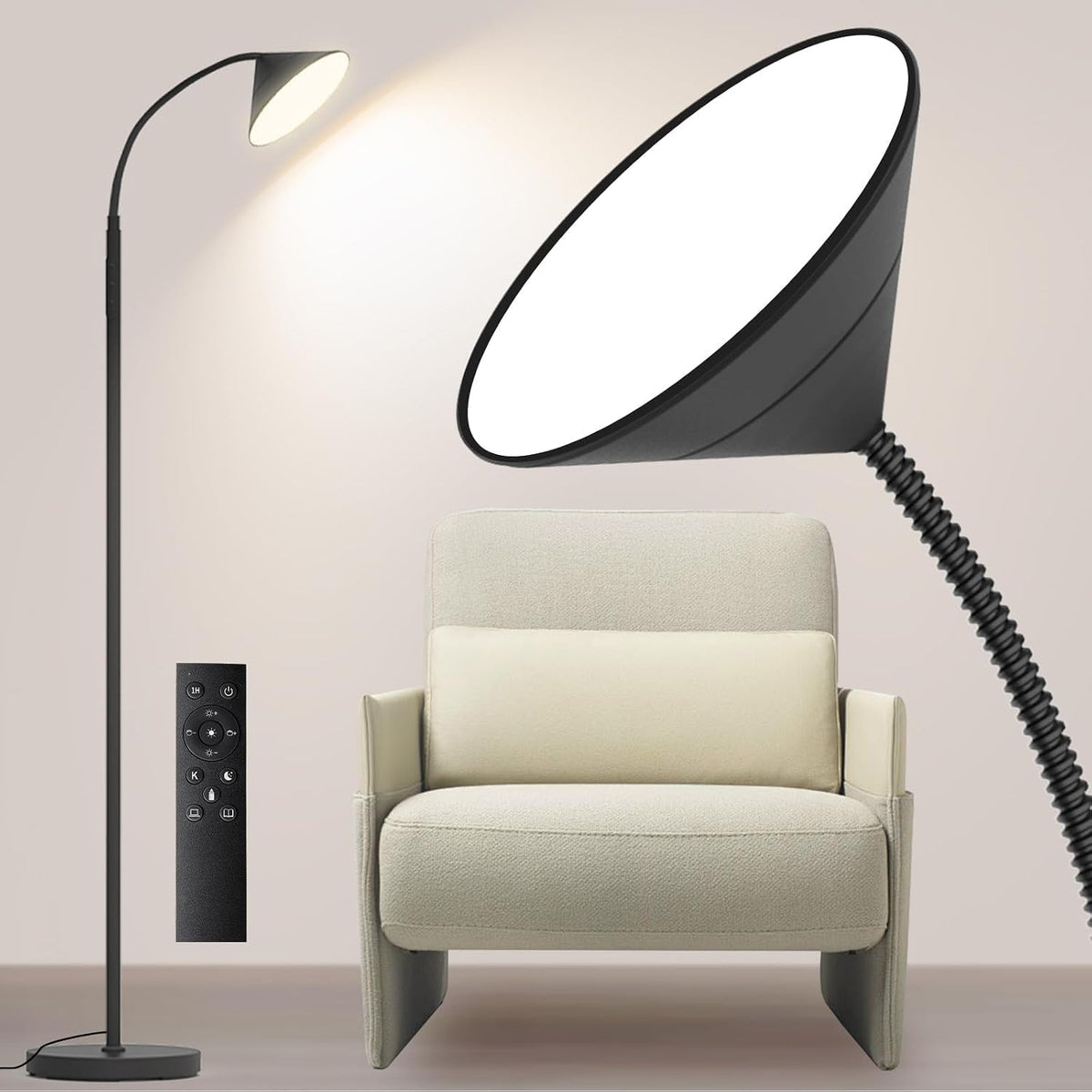 Yikuneng Dimmable LED Floor Lamp, Super Bright Reading Lamps Floor Standing lamp with Remote & Touch Control, Stepless Dimming & 2700K-6500K Color Temperature, for Living Room Bedroom Office, Black