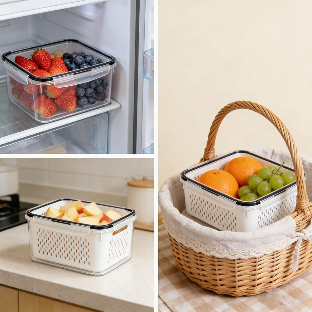 Fruit Storage Containers for Fridge with Removable Colanders, Household Transparent Plastic Food Storage Box-Including Drain Basket, 4 in 1 Food Storage Container, Vegetable Storage (Gray, S+M+L)