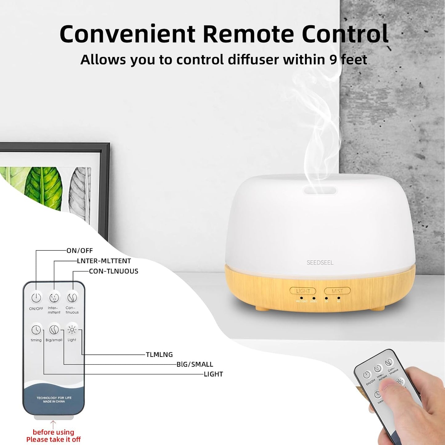SEEDSEEL 300ML Essential Oil Diffuser with 7-Color LED Lights and Remote Control, Modern Minimalist Design, High-Efficiency Ultrasonic Mist Aromatherapy Diffuser for Home