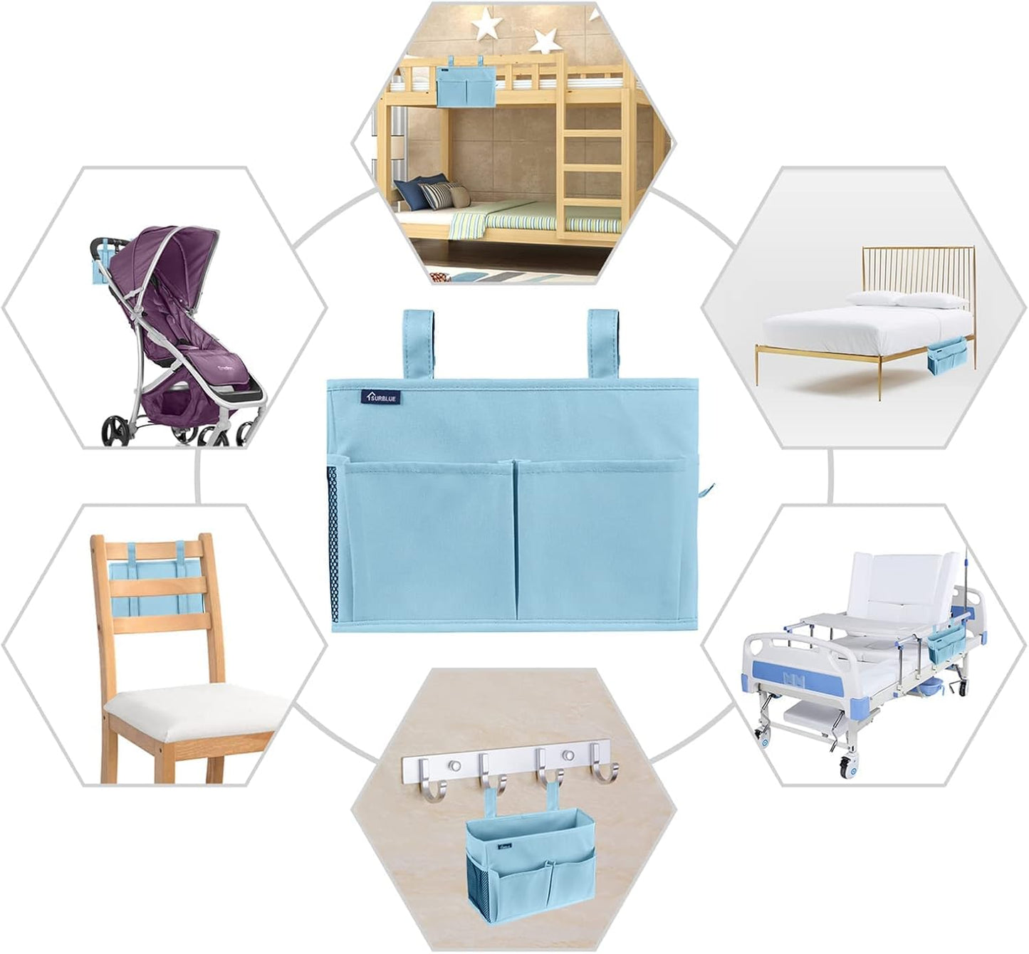 Surblue Bedside Caddy Hanging Organizer Storage Bag Pocket for Bunk, Hospital, College Dorm Rooms, Baby Bed Rails, Camp - 4 Pockets, 2 Hooks (Blue)