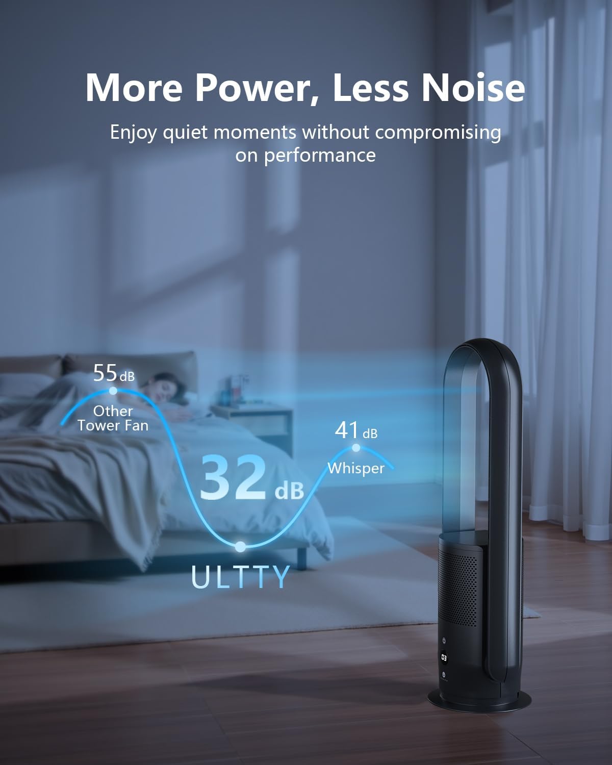 ULTTY Bladeless Tower Fan and Air Purifier Combo, Quiet Oscillating Fan with Remote & Touch Control, 9 Speeds, 8H Timer, HEPA Air Filter, Safe Floor Fan for Bedroom Home Office Black, 23.5"inch