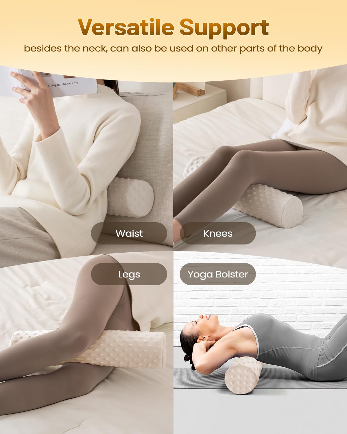 Memory Foam 4" Round Pillow, Cervical Neck Pillow for Pain Relief, Cylinder Pillows 18"x 4", Removable Cover, Neck Roll Pillow for Sleeping, Velvet Dots, Grey