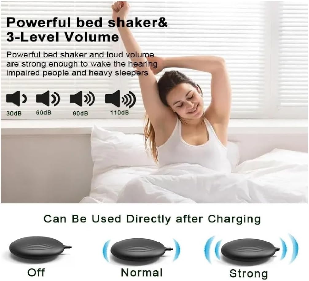 MOZAC Bomb Dual Extra Loud Alarm Clock with Bed Shaker, Black Heavy Sleepers, Battery Backup | Wake with a Shake (Black)
