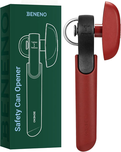 Beneno Side Cut Manual Can Opener, Smooth Cut with No Sharp Edges, Red | Premium Sharp DC53 Steel Blade, Soft Non-Slip Grip & Effortless Easy-Turn Knob